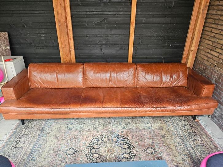 Prachtige cognac kleurige leren bank, Tuin en Terras, Tuinbanken, Zo goed als nieuw, Hout, Ophalen of Verzenden