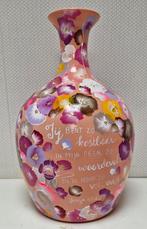 Handbeschilderde Vaas met Bloemen en tekst., Overige kleuren, Nieuw, Ophalen of Verzenden, Glas