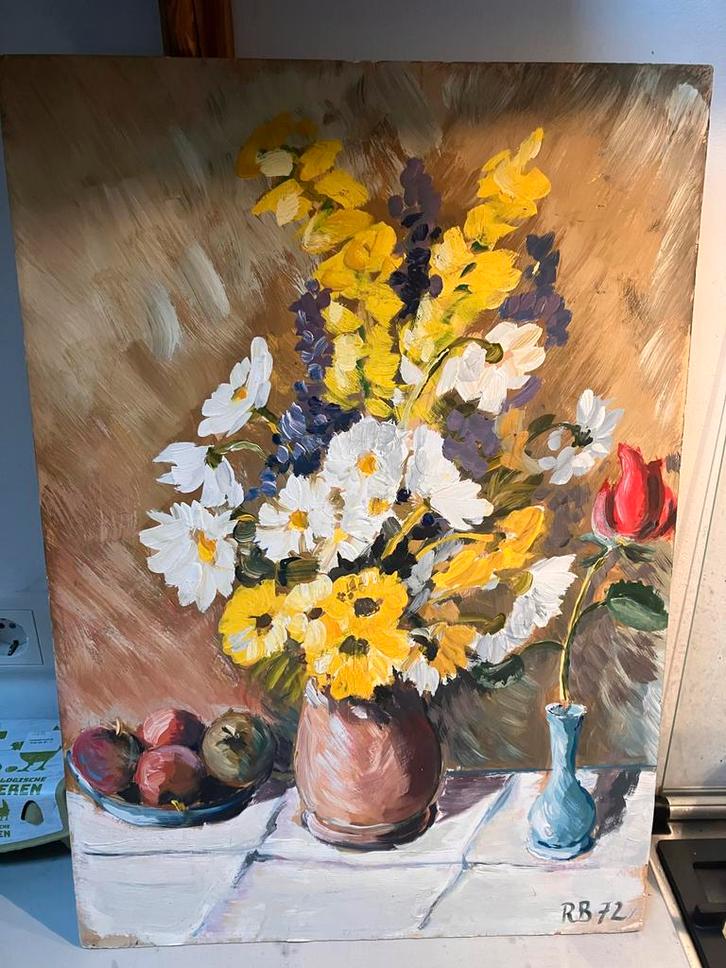 Bloemenschilderij op hout, Franse brocante, Antiek en Kunst, Kunst | Schilderijen | Klassiek, Ophalen