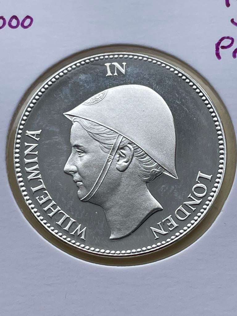 1 gulden Wilhelmina in Londen proof 1940, Postzegels en Munten, Munten | Nederland, 1 gulden, Verzenden, Zilver, Koningin Wilhelmina
