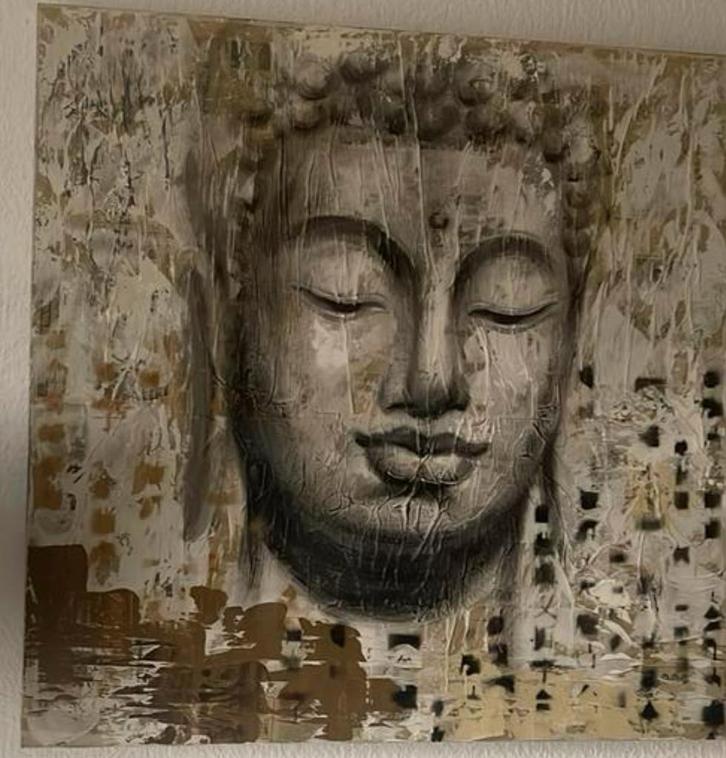 Abstract Boeddha Schilderij Neutrale Kleuren Gouden Accenten, Antiek en Kunst, Kunst | Schilderijen | Abstract, Ophalen of Verzenden