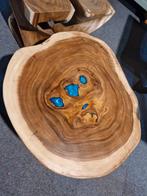Suar boomstam blad salontafel met epoxy turquoise . 90/97cm, Industrieel suar interieur, Rond, Nieuw, Modern industrieel