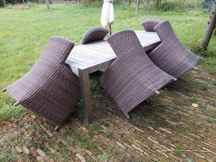 Grote tafel met 5 stoelen van het luxe merk Borek, Tuin en Terras, Tuintafels, Gebruikt, Rechthoekig, Ophalen