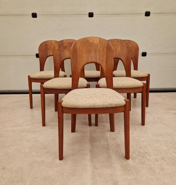 6 vintage Koefoed stoelen van Nielsen, Deens design, Huis en Inrichting, Stoelen, Gebruikt, Vijf, Zes of meer stoelen, Hout, Stof