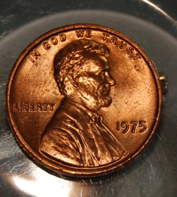 Broche met 1 cents muntstuk met afbeelding van Lincoln 1975, Postzegels en Munten, Munten | Amerika, Losse munt, Midden-Amerika