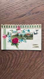 Kaart landelijk met zijden bloem. Roos,duif,vergeetmijnietje, Ophalen of Verzenden, Voor 1920, Overige thema's