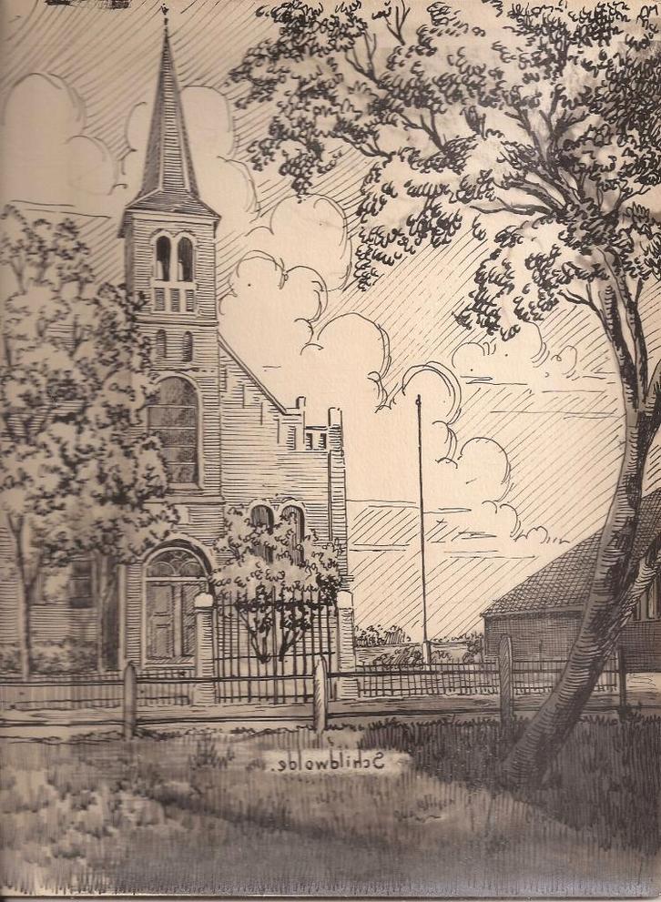 Schildwolde tekening Kerk Sievers 50/60er jaren, Antiek en Kunst, Kunst | Tekeningen en Foto's, Ophalen of Verzenden
