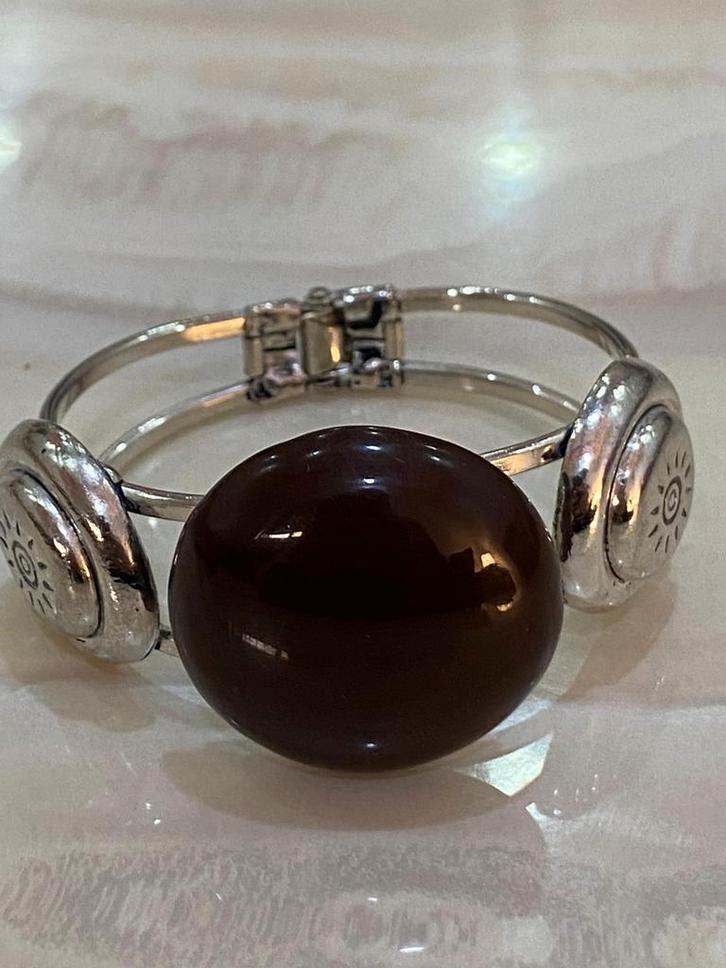 Vintage Armband met Bruine Steen, Sieraden, Tassen en Uiterlijk, Armbanden, Gebruikt, Zilver, Bruin, Met edelsteen, Ophalen of Verzenden