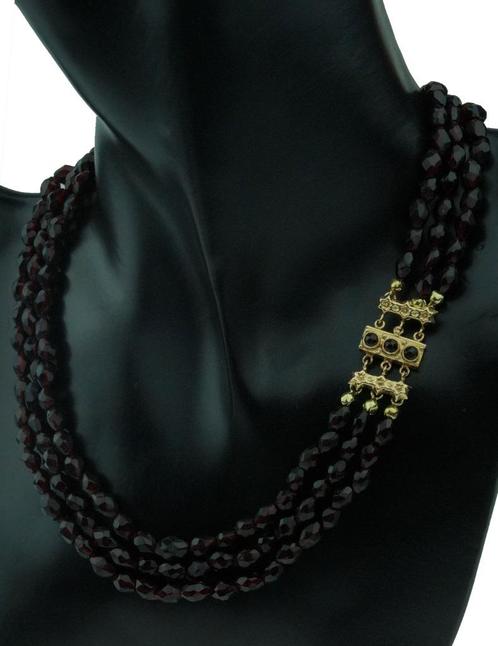 Granaten 3-strengs antieke dames ketting fraai 14k slot goud, Sieraden, Tassen en Uiterlijk, Antieke sieraden, Ketting, Goud, Met edelsteen
