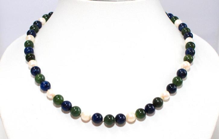Prachtige Lapis Lazuli Jade & Akoya Parel Ketting 45 CM, Sieraden, Tassen en Uiterlijk, Antieke sieraden, Ketting, Zilver, Met edelsteen