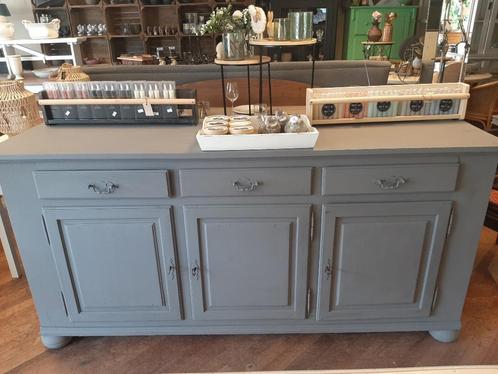 Stoer massief eikenhouten Frans grijs dressoir, Huis en Inrichting, Kasten | Dressoirs, Gebruikt, 150 tot 200 cm, 50 tot 75 cm