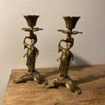 Antieke Koperen Kandelaars - Vrouw met Waaier, Antiek en Kunst, Curiosa en Brocante, Ophalen of Verzenden