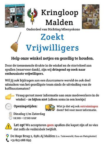 Word vrijwilliger bij de leukste kringloop van Malden! beschikbaar voor biedingen