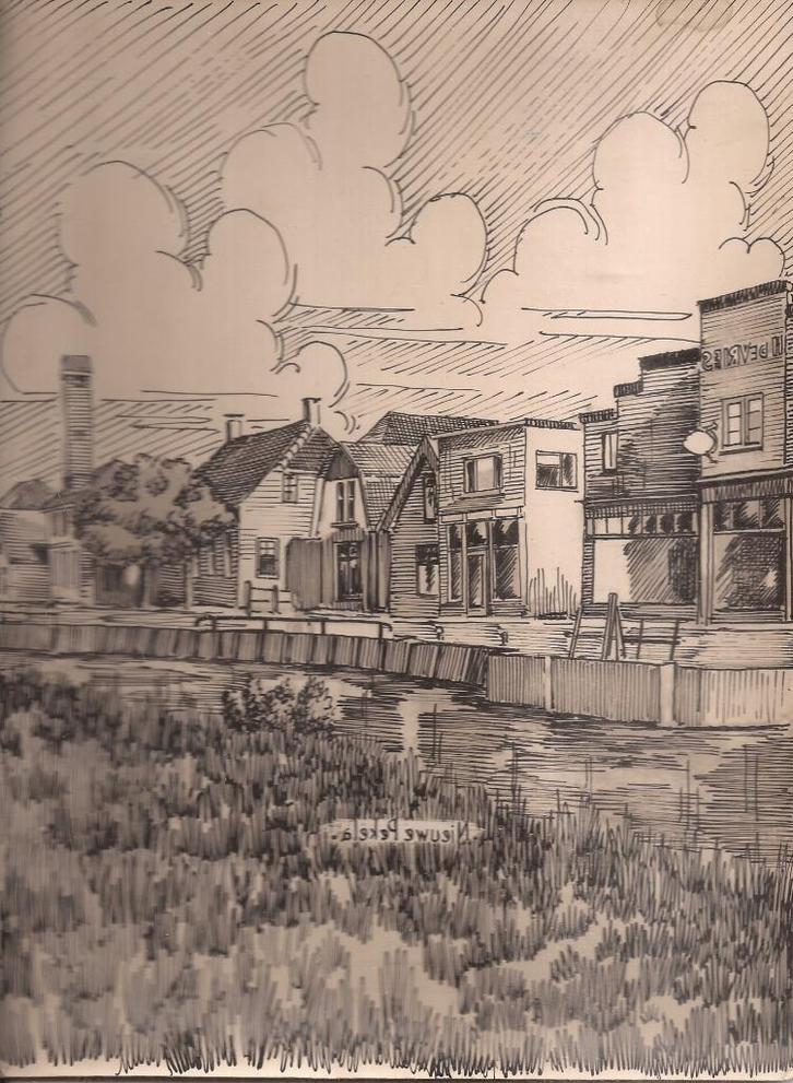Nieuwe Pekela Dorpsgezicht tekening Sievers 50 / 60er jaren, Antiek en Kunst, Kunst | Tekeningen en Foto's, Ophalen of Verzenden