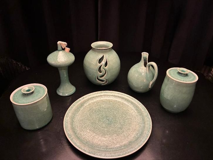 Keramiek set van zeegroen/lichtblauw celadon craquelé, Huis en Inrichting, Woonaccessoires | Vazen, Nieuw, Overige kleuren, Minder dan 50 cm