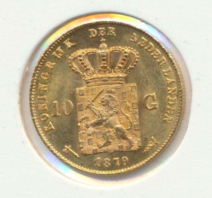 Nederland gouden tientje 1879 Willem 3, Postzegels en Munten, Edelmetalen en Baren, Goud, Ophalen of Verzenden