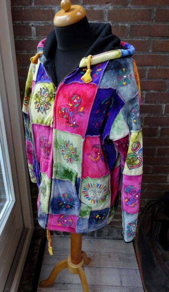 Kleurig patchwork fluwelige stof hoody jack/vest maat M, Kleding | Dames, Jassen | Zomer, Gedragen, Maat 38/40 (M), Overige kleuren