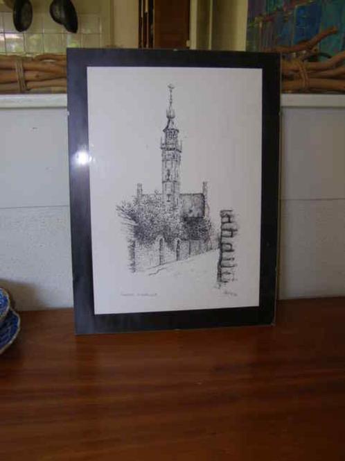 Tekening stadhuis Veere, Antiek en Kunst, Kunst | Tekeningen en Foto's, Ophalen of Verzenden