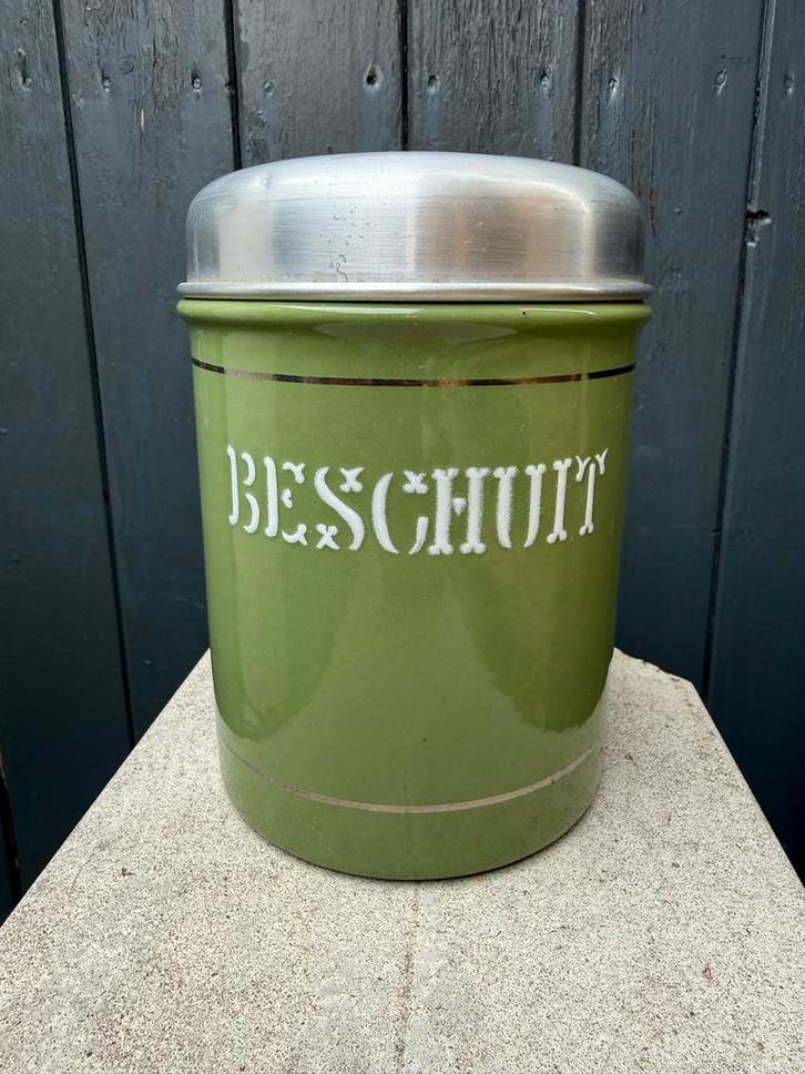 Vintage BK Emaille Beschuitbus - Donker Groen, Antiek en Kunst, Antiek | Emaille, Ophalen of Verzenden