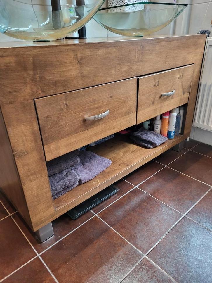 Houten Wastafelkast met Glazen Wastafels, Huis en Inrichting, Badkamer | Badkamermeubels, Gebruikt, Wastafelkast, Minder dan 100 cm