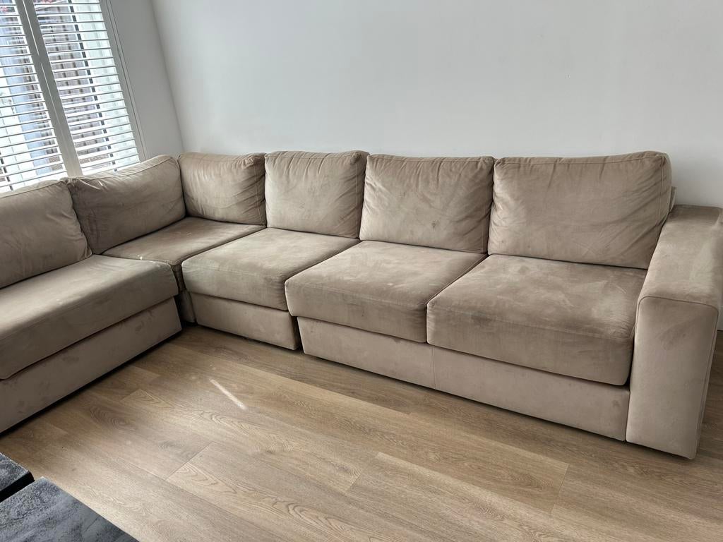 Beige velours bank, Ophalen of Verzenden, Zo goed als nieuw