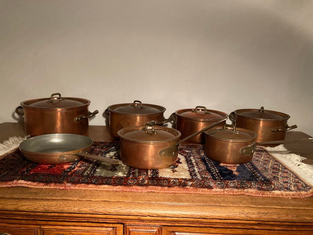Koperen pannenset 7-delig - Vintage kookgerei, Huis en Inrichting, Keuken | Potten en Pannen, Ophalen of Verzenden, Gebruikt, Overige materialen