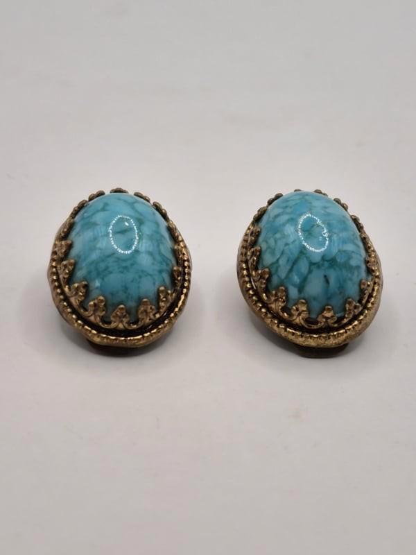 Oorclips met Turquoise cabochon steen, Sieraden, Tassen en Uiterlijk, Antieke sieraden, Oorbellen, Overige materialen, Ophalen of Verzenden