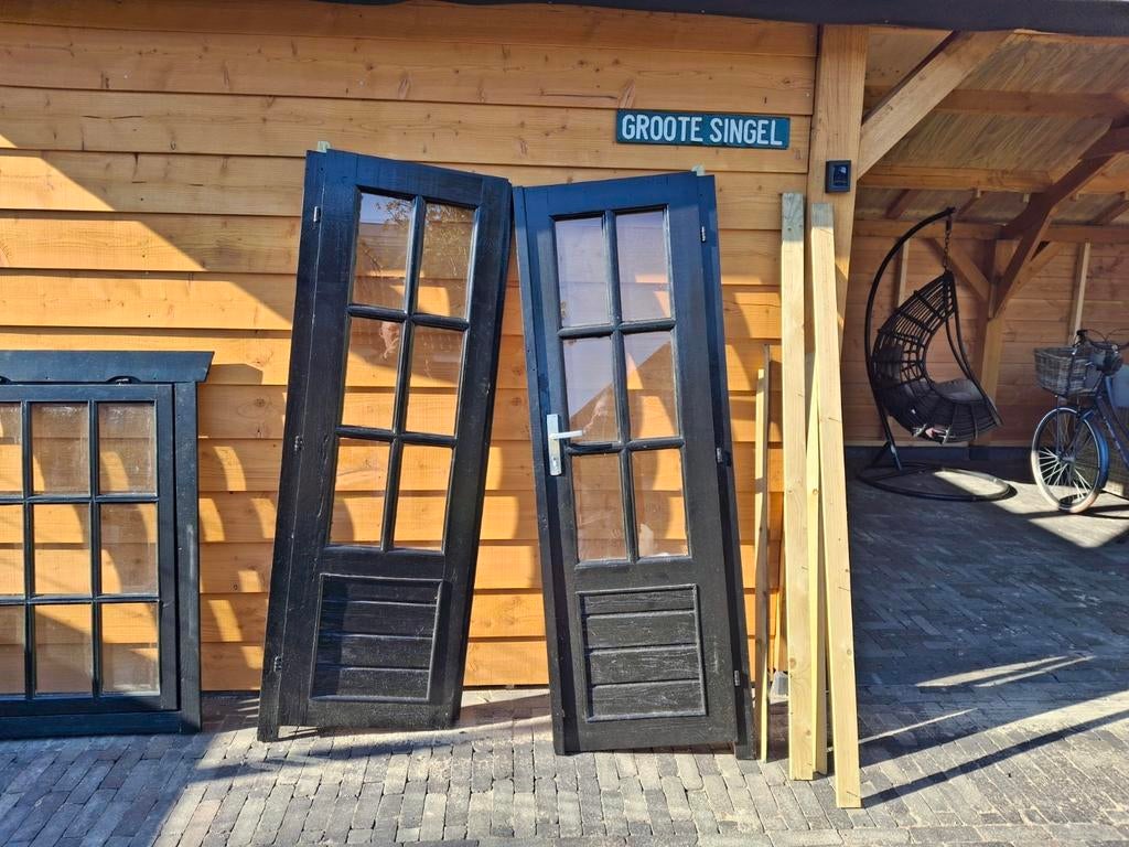 Dubbele deur incl kozijn en twee ramen blokhut, Tuin en Terras, Tuinhuizen, Ophalen of Verzenden
