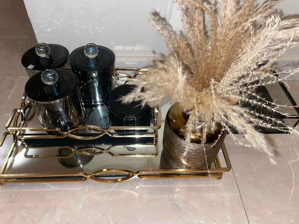 Decoratieve set: dienblad, potten en vaas met pluimen, Ophalen, Zo goed als nieuw, Goud, Metaal