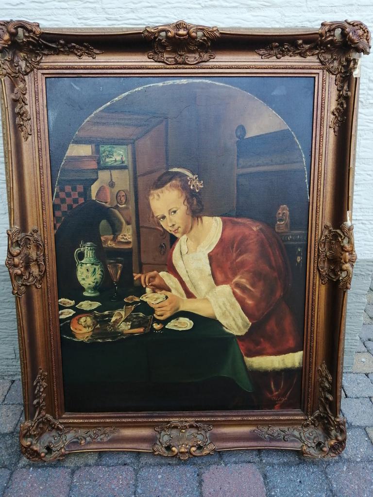 Jan Steen, replica  groot schilderij in oude lijst., Antiek en Kunst, Ophalen