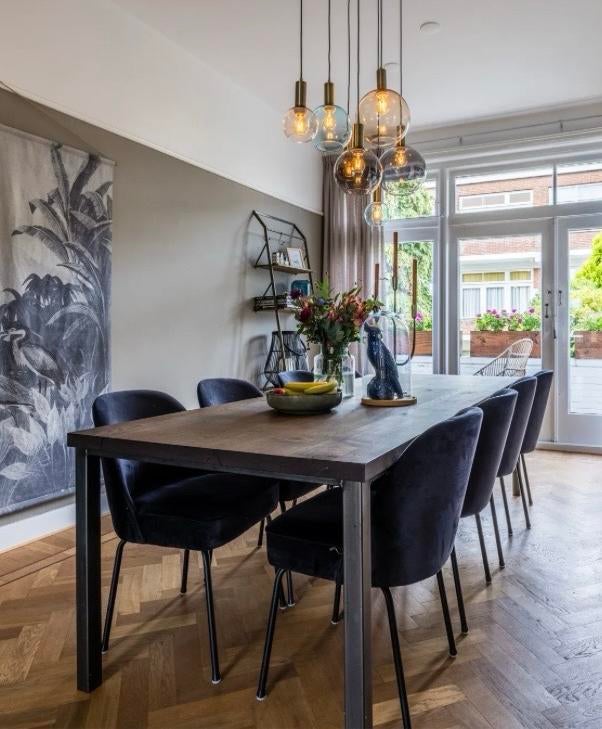 8 Woood Vogue eetkamerstoelen - Grijs/Antraciet, Ophalen, Gebruikt, Vijf, Zes of meer stoelen, Stof