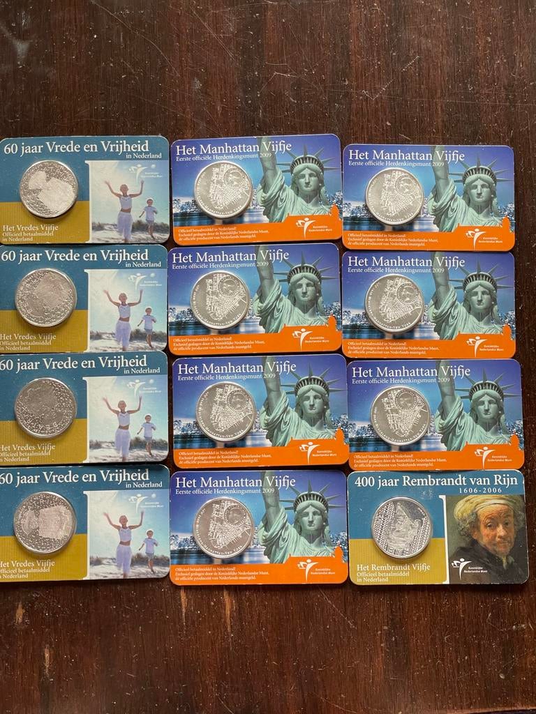 Diverse zilveren vijfjes in coin cards, Postzegels en Munten, Munten | Nederland, Setje, Zilver, Ophalen of Verzenden, 5 gulden
