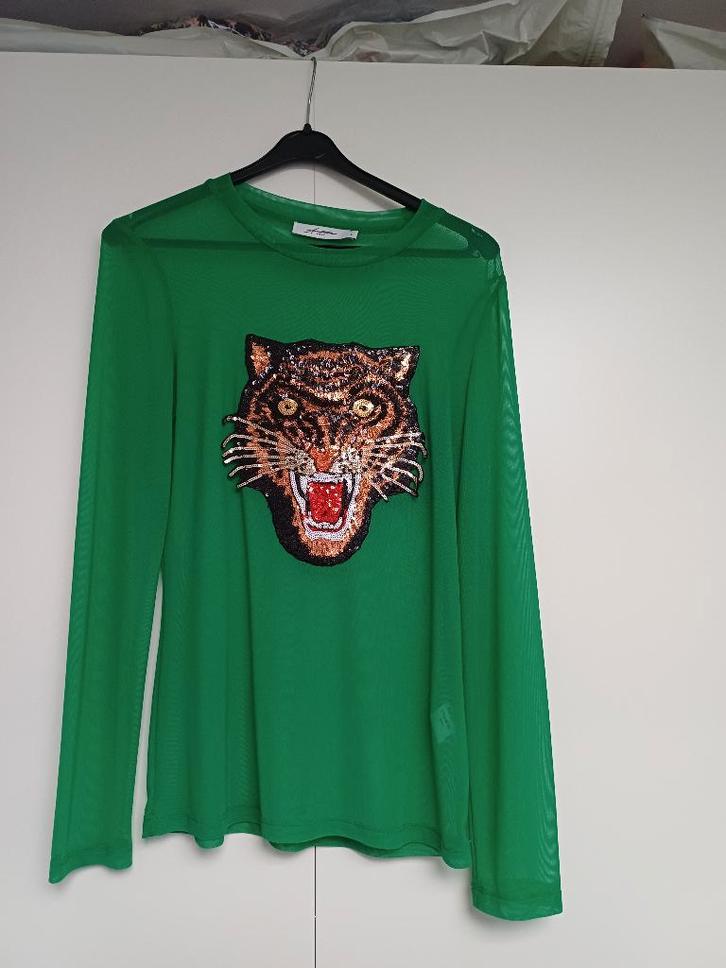 Top met panterkop, Kleding | Dames, Tops, Nieuw, Maat 42/44 (L), Groen, Lange mouw, Ophalen of Verzenden
