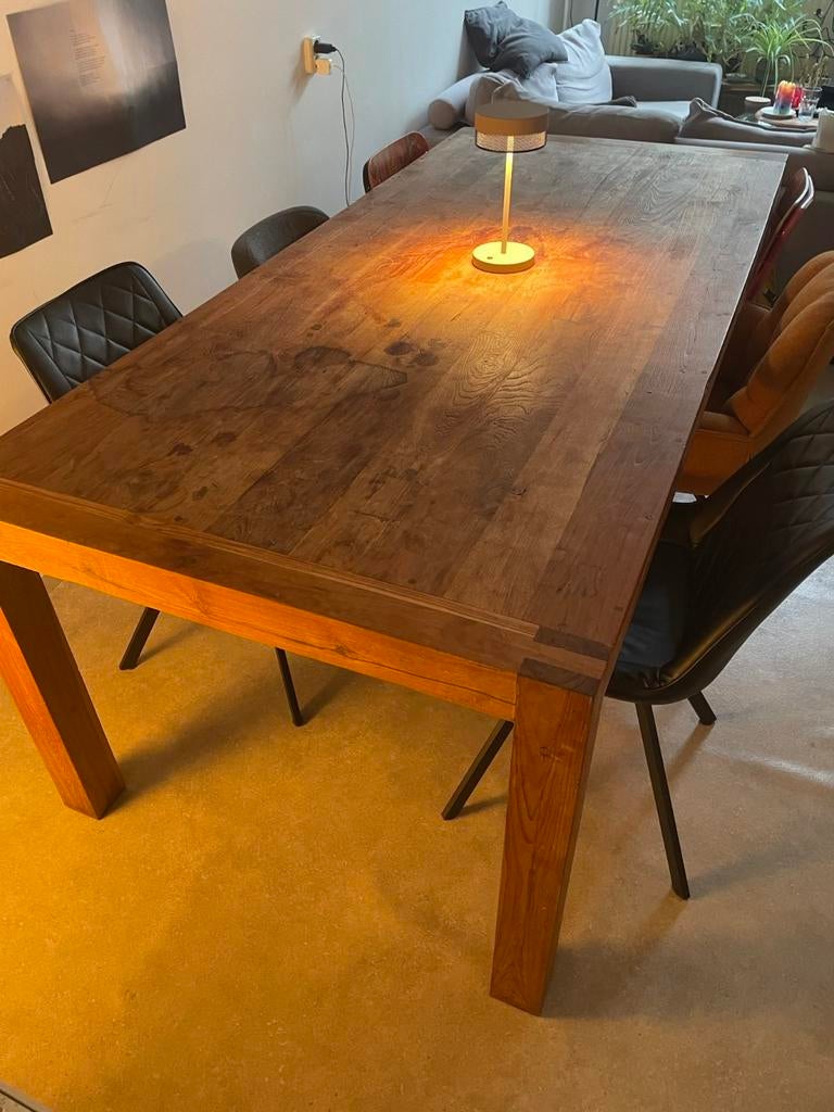 Robuuste teakhouten eettafel 220x100cm met N-poten, Ophalen, Gebruikt, Teakhout, 200 cm of meer