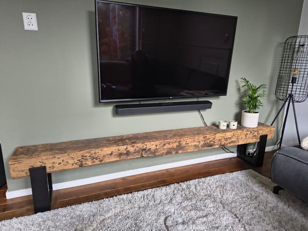 Robuuste spoorbiels tv meubel 240 cm hardhout, Ophalen of Verzenden, Zo goed als nieuw