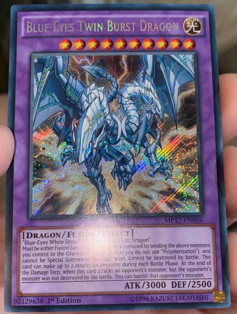 Yu-Gi-Oh! Blue-Eyes Twin Burst Dragon MP17 1st Secret Rare !, Ophalen of Verzenden, Zo goed als nieuw, Losse kaart, Foil