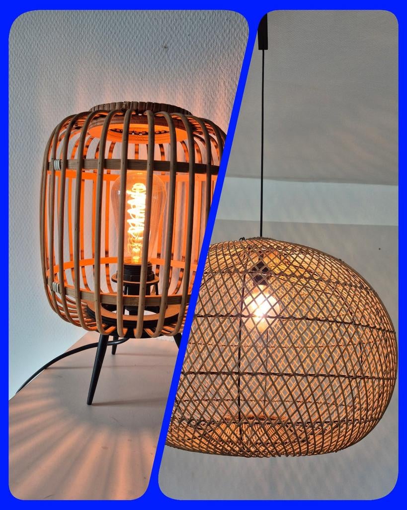 Set van 2 rotan lampen: tafellamp en hanglamp, Huis en Inrichting, Ophalen of Verzenden, Zo goed als nieuw, Bohemian, Scandinavisch, Natuurlijk