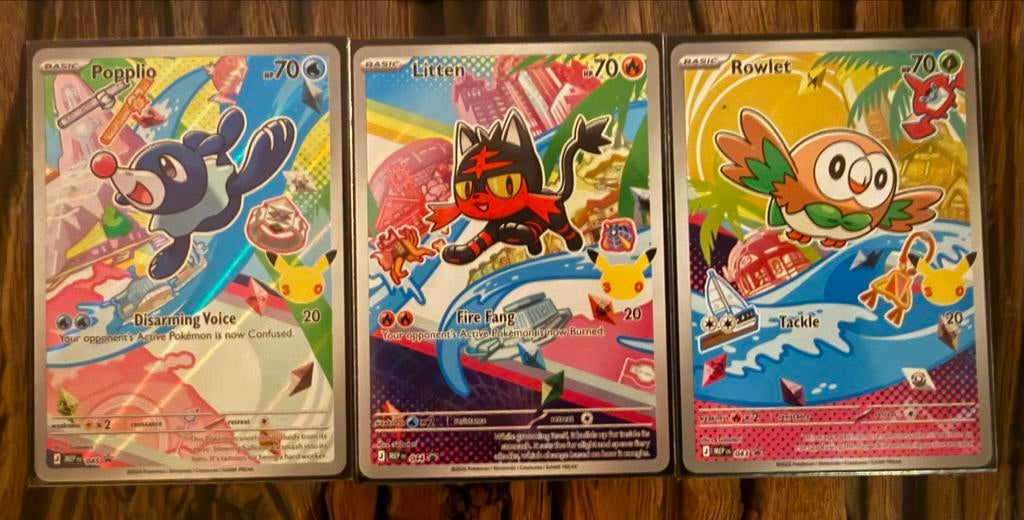 Pokémon kaarten Popplio, Litten en Rowlet, Ophalen of Verzenden, Zo goed als nieuw, Meerdere kaarten, Foil