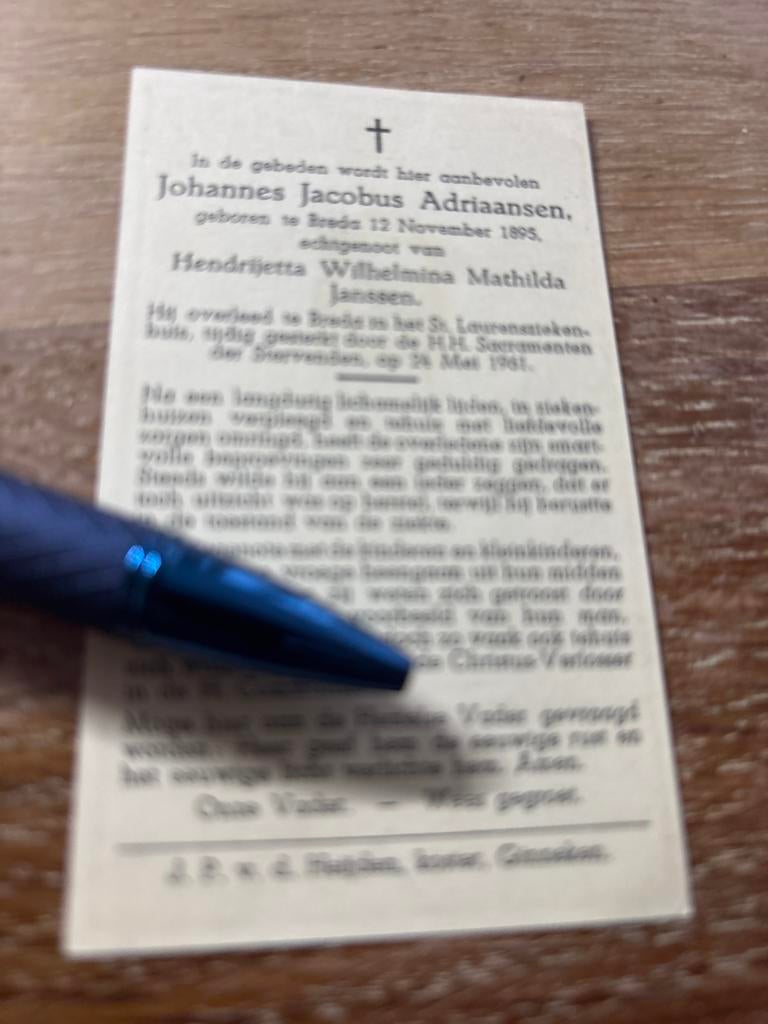 Adriaansen Johannes 1895 Breda 1961 x Janssen - E01301 -, Verzamelen, Bidprentjes en Rouwkaarten, Ophalen of Verzenden, Bidprentje