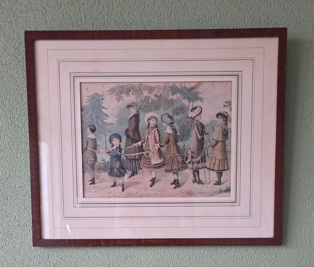 Antieke Franse La Mode illustrée staalgravure , Ophalen of Verzenden, Dagelijks leven, Gravure, Ingelijst