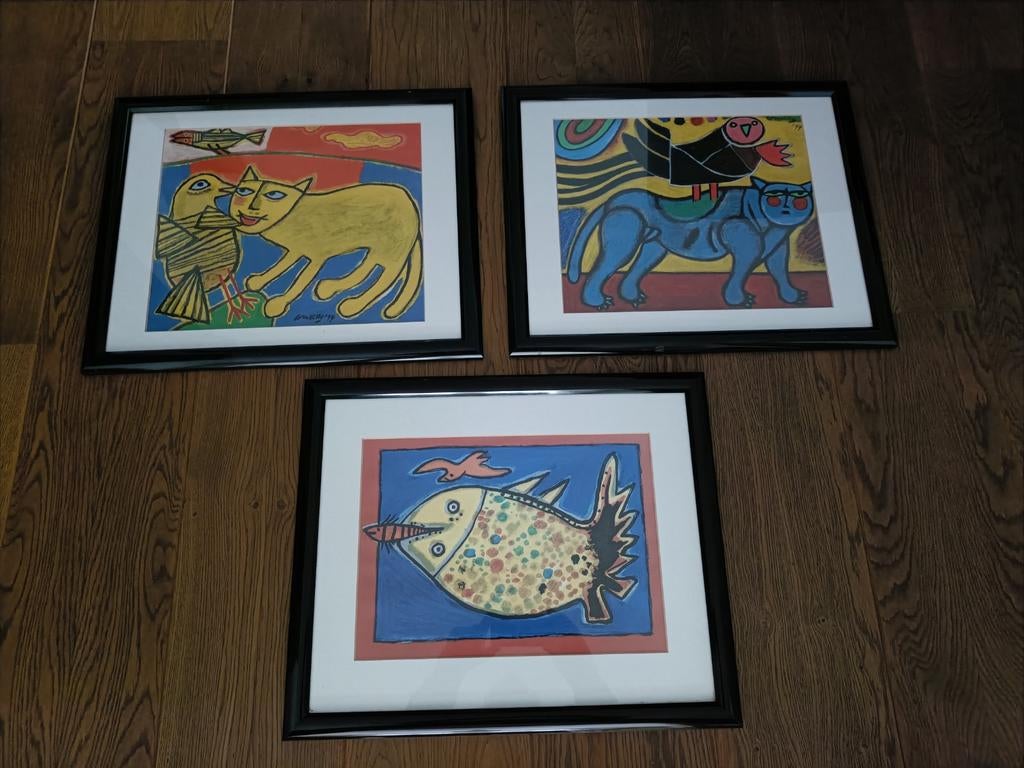 3 originele Corneille posters in lijst, 2 gesigneerd, Antiek en Kunst, Ophalen