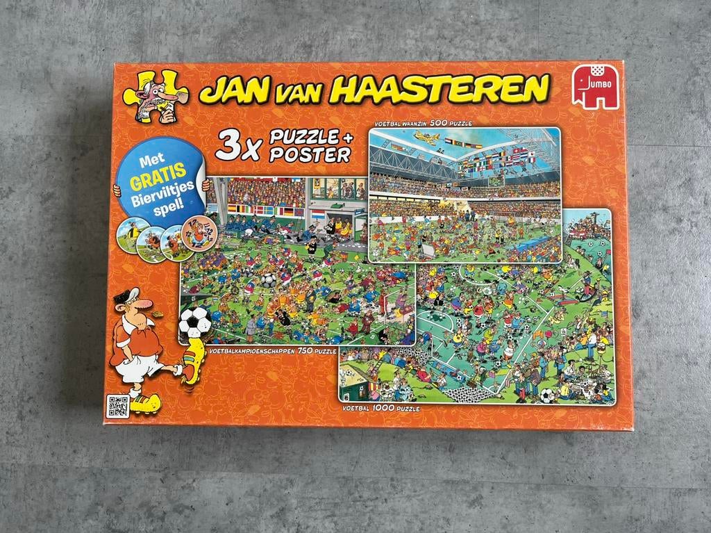 Jan van Haasteren puzzel, 3x voetbal, Ophalen of Verzenden, 500 t/m 1500 stukjes, Gebruikt, Legpuzzel