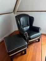 Leren Fauteuil met Voetenbank - Zwart met Witte Bies, Ophalen, Gebruikt, Leer, 75 tot 100 cm