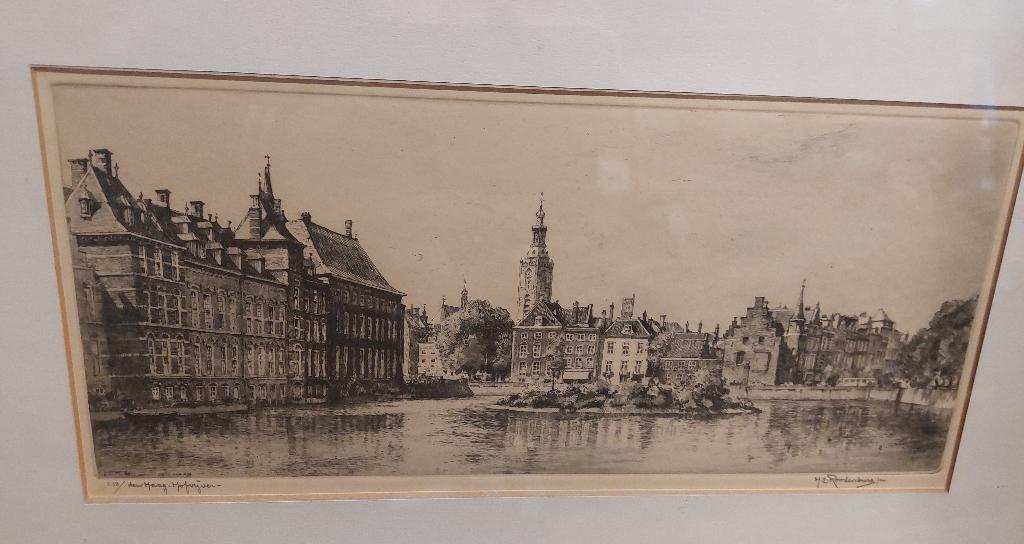 Ets H.E.Roodenburg Hofvijver Den Haag, Antiek en Kunst, Ophalen, Stadsgezicht, Ets, Gesigneerd