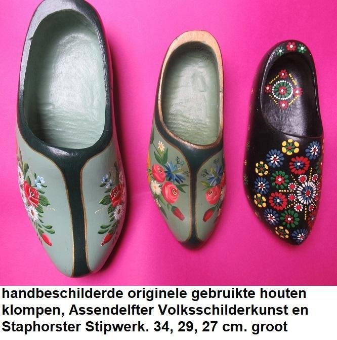 set van 3 handbeschilderde houten gebruikte klompen, Antiek en Kunst, Kunst | Overige Kunst, Ophalen of Verzenden
