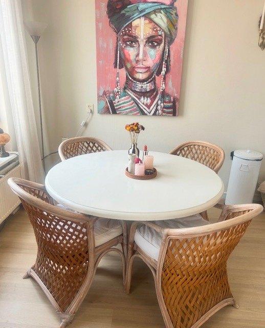 Houten eettafel set met vintage rieten stoelen, Ophalen, Gebruikt, 150 tot 200 cm, 150 tot 200 cm