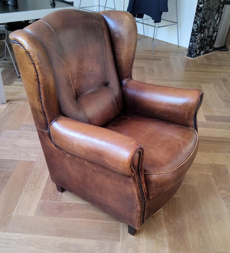 Schapenleren fauteuil, Ophalen, Gebruikt, 75 tot 100 cm, 50 tot 75 cm