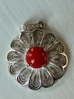 Kettinghanger bloem vintage rode koraal filigrain zilver, Ophalen of Verzenden, Gebruikt, Rood, Zilver
