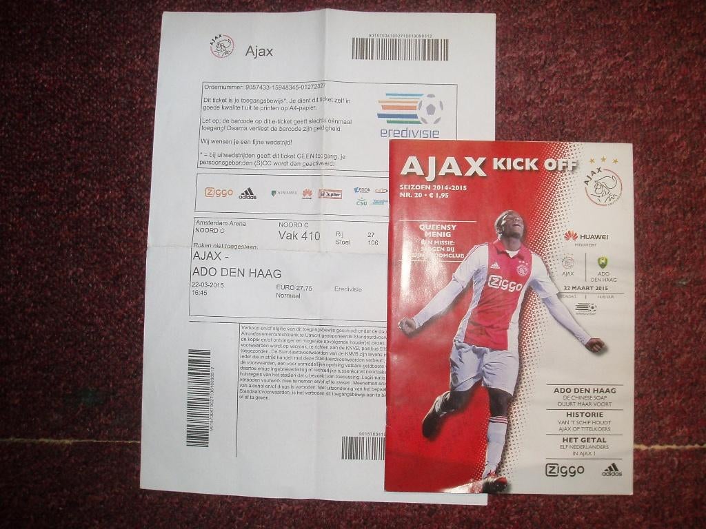 Ajax-ADO Den Haag E-Ticket+Programma Seizoen 2014/15, Ophalen of Verzenden, Gebruikt, Ajax