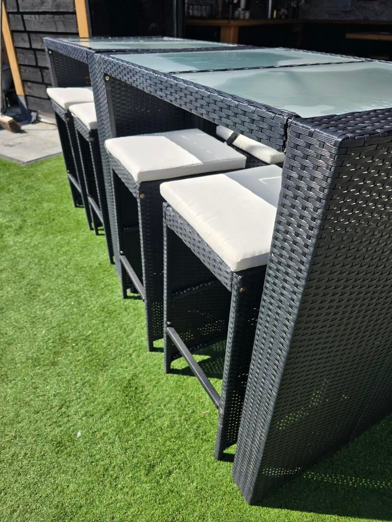 2 x bartafel met 4 krukken (8 persoons), Tuin en Terras, Tuintafels, Ophalen, Gebruikt, Vierkant, Wicker